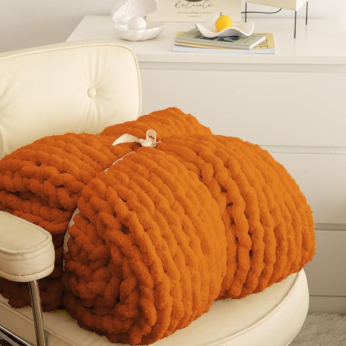 ATMOSURELY Ultra Soft Burnt Orange Chunky Knit Throw Blanket Cozy Fluffy Chenille Yarn Handmade Cable Knit Crochet Blanket for Bed Sofa Couch 50x60 Inches (Burnt Orange, 50"x60")