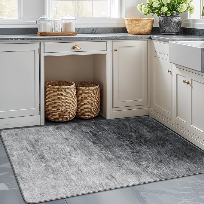 3x5 Washable Area Rug, Gray Solid Area Rugs for Living Room & Bedroom | Stain-resistant & Non-slip backing,Low Pile Washable Large Carpet, Solid Vintage Style For High Traffic Areas(3x5,Gray)
