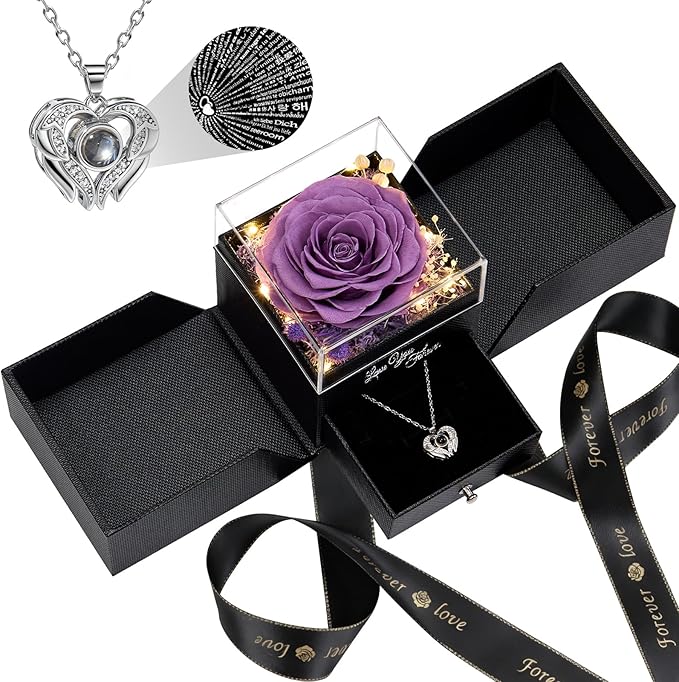 FIACO Gifts for Mom Preserved Real Roses with I Love You Necklace Fresh Forever Flowers Mothers Day Flower Gifts for Women Grandma Anniversary Birthday Gift for Girlfriend Wife Daughter