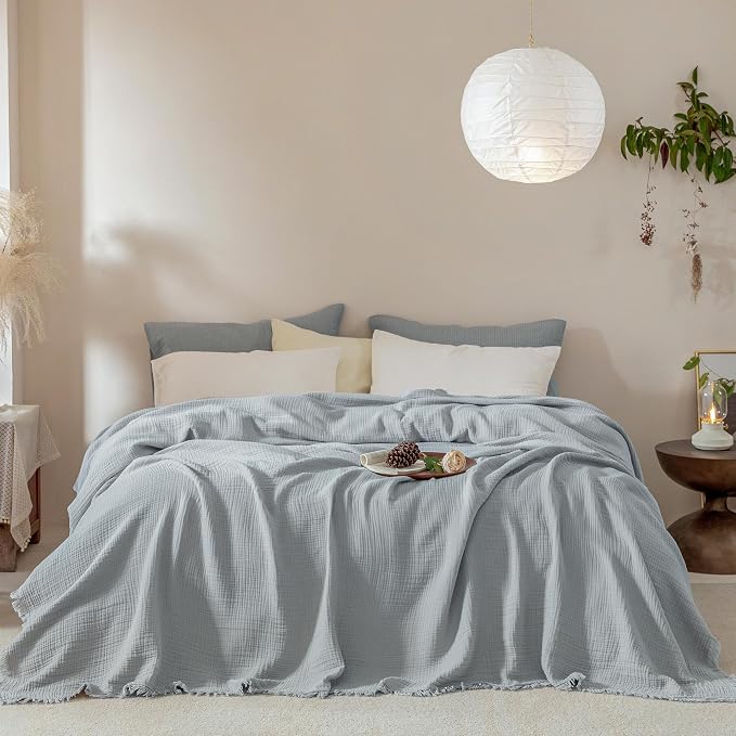 Muslin Fringe Blankets for Adults: 100% Cotton Cloud Soft | 4-Layer Gauze Breathable Lightweight All Season Throw Blanket for Bed Couch Sofa Office