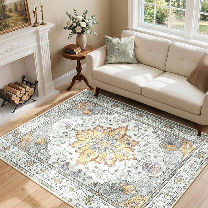 RELEANY Area Rugs 4'x6' Washable Non-Slip, Floral Vintage Distress Print Pattern Medallion Carpet for Living Room Bedroom Dining Room, Light Yellow Carbon Grey Orange