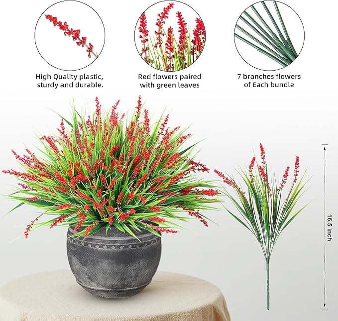 Ivydale 20PCS Artificial Plants Fake Flowers Monkey Grass for Outdoors,UV Resistant Realistic Red Faux Greenery Shrubs Outside Decor for Home Garland Porch Patio Balcony Planter Yard Office Pathway