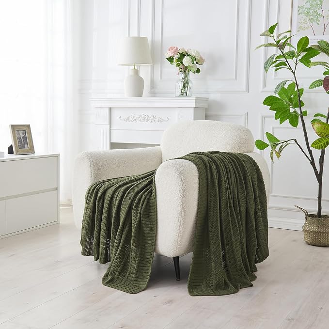 Douceur Olive Green Throw Blanket for Bed, Soft Cozy Lightweight Stripe Pattern Knitted Throw Blanket for Sofa, Kids Room, Living Room, 60"X80"