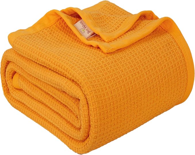 TreeWool Premium 100% Cotton Waffle Queen Blanket (90"x90", Mustard) | Breathable Lightweight Moisture Wicking Soft Knit Thermal Blanket for Summer, Bed or Sofa All-season Comfort Machine Washable