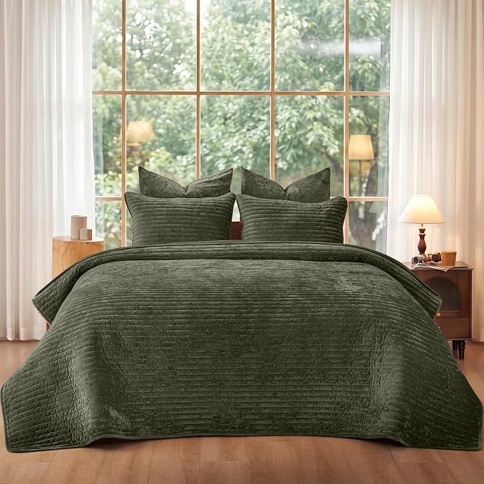 PHF Luxury Velvet Quilt Set Queen Size – 3PCS Ultra Soft Quilted Comforter Alternative with Striped Channel, Cozy Quilted Bedspread, 1 Coverlet with 2 Matching Shams, 90" x 92", Smokey Olive