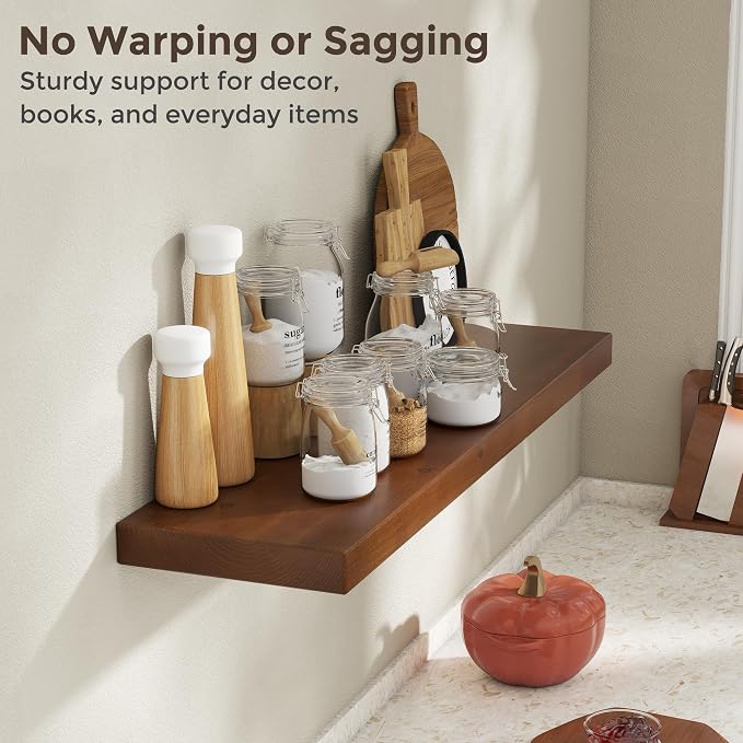 Axeman 36 Inch Floating Shelves for Wall, 9.3" Deep High End Solid Real Wood Wall Shelves with Heavy Duty Invisible Bracket for Living Room, Bedroom, Kitchen, Bathroom, Set of 2, Walnut Finish