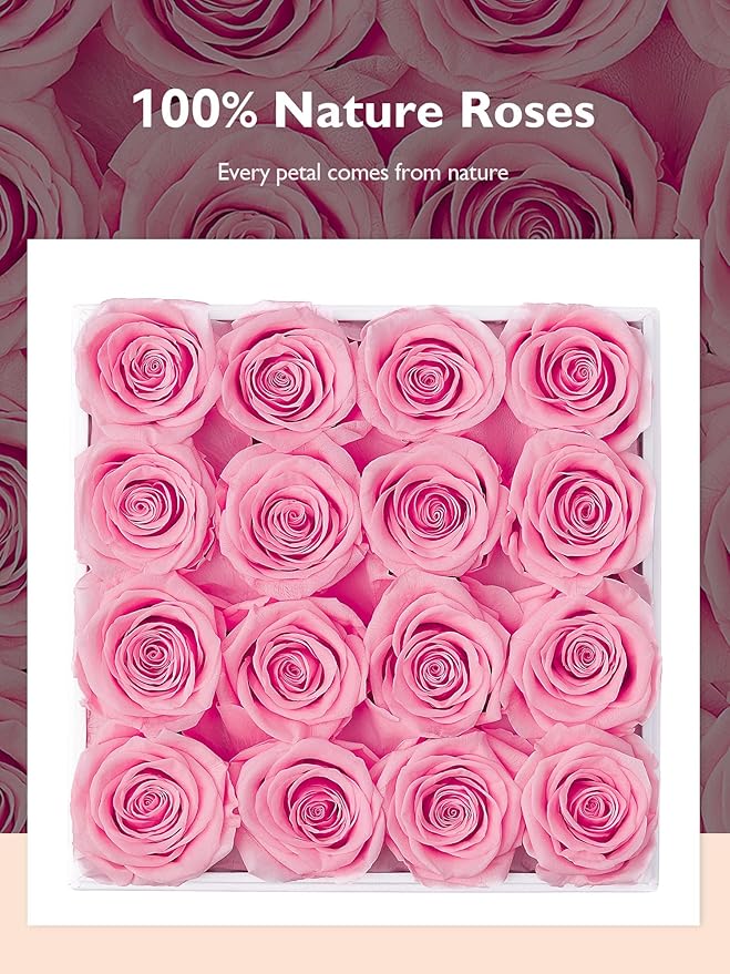 Eterfield Forever Flowers Preserved Roses Real Roses that Last Over a Year Rose Box Gifts for Her Mothers Day Valentines Day Christmas (Square White Box, 16 Pink Roses)