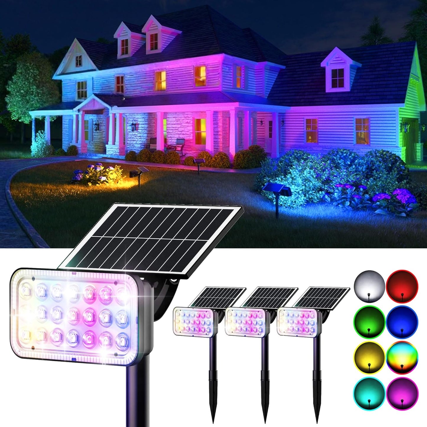 JACKYLED Solar Spot Lights Outdoor, 84 LED 7 Color Changing Solar Lights Outdoor Waterproof with 9 Modes, 360 Adjustable Landscape Spotlights for Halloween Xmas Decorations, Yard, Garden, Path, 4 Pack