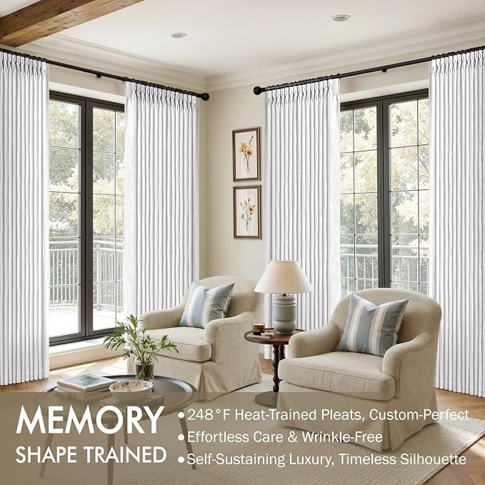 MIULEE Pinch Pleated White Thick Linen Curtains 90 Inches Long 2 Panels, Linen Texture Memory Trained Drapes for Living Room Bedroom, Pinch Pleat Back Tab Light Filtering Farmhouse Window Curtains