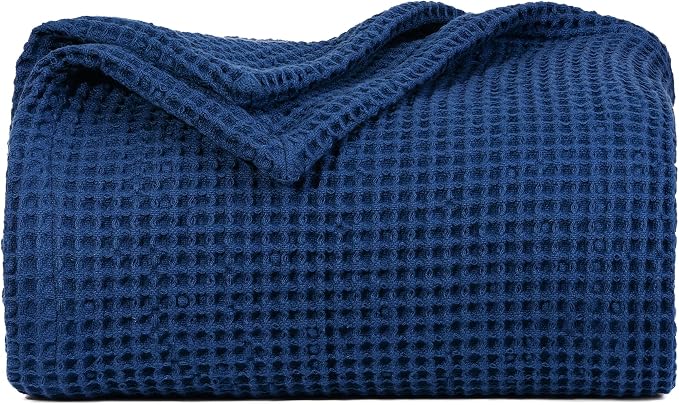 Organic Cotton Blue King Blanket - GOTS Certified, Waffle Weave, Soft, Breathable, Premium and All-Year 100% Cotton Blanket - Cozy, Hypoallergenic and Sustainably-Made (Navy Blue - King/Cal King)