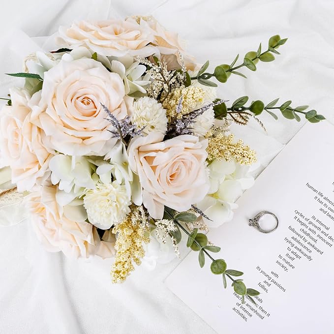 CEWOR Wedding Bouquets for Bride Bridesmaid, White Champagne Artificial Roses Flowers Wedding Decoration (10in)