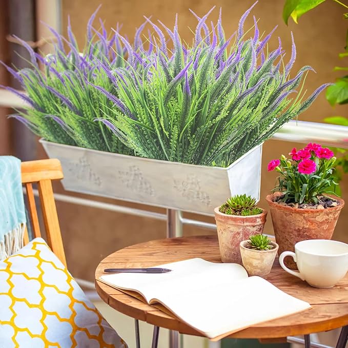 Grunyia 10 Bundles Artificial Plants Outdoor Fake Grass with Flowers UV Resistant Greenery Garden Porch Window Box Decorating (Purple)