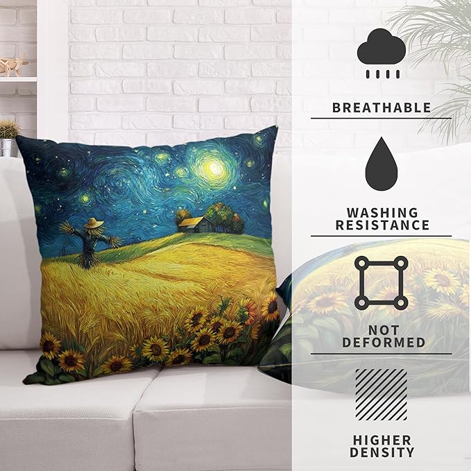 Fall Throw Pillow Covers 22x22 Set of 2 Autumn Sunflower Wheat Field Harvest Pillow Covers Scarecrow Under Van Gogh Starry Night Thanksgiving Pillowcase for Home Decor Couch