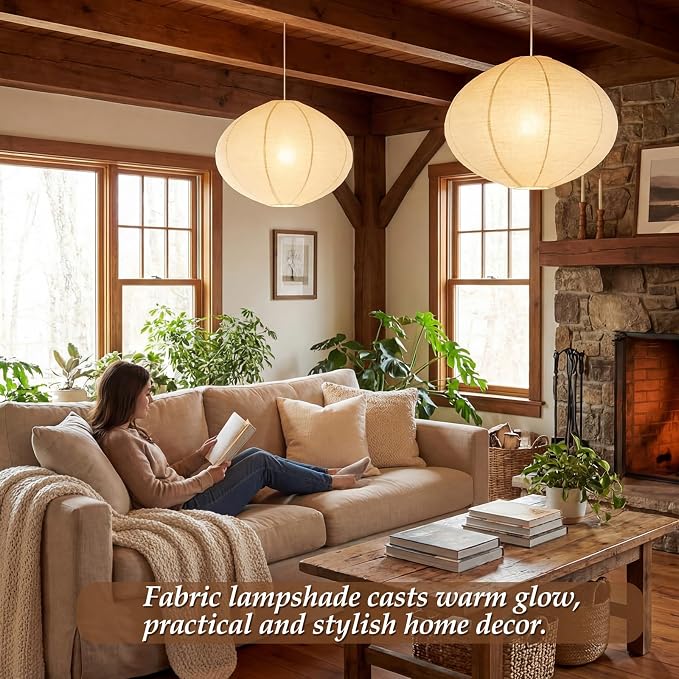 Nuanchu 2 Pack Linen Lantern Lamp Plug in Pendant Light 20 Inch Hanging Lamp Shade with 20 ft Cord Minimalist Light Covers Japanese Chandelier for Ceiling Dining Living Room Artistic Decor(Oval)