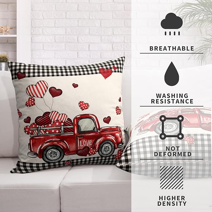 Throw Pillow Covers 18x18 Red Truck Pillow Covers Pack of 2 Heart Balloon Black Buffalo Plaid Decorative Pillow Case for Home Outdoor Deocr Couch