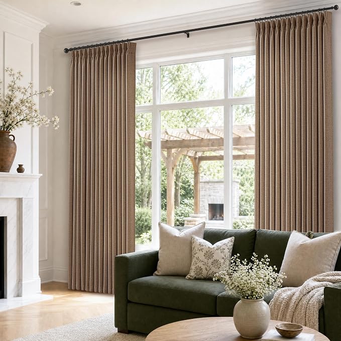 Pleated Rust Brown Linen Curtains 90 Inch 2 Panels Set Vintage Retro Semi Sheer Memory Shaped Burlap Drapes with Back Tab Hooks Rings Tan Pinch Pleat Living Room Bedroom Curtains 90 Inches Length