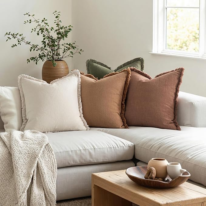 MIULEE Decorative Couch Pillow Covers Neutral Linen Fringe Throw Pillows Set of 4 Soft Rustic Cushions Boho Farmhouse Pillowcases for Bed Sofa Living Room Spring Decor 18x18 Inch Beige/Brown/Green