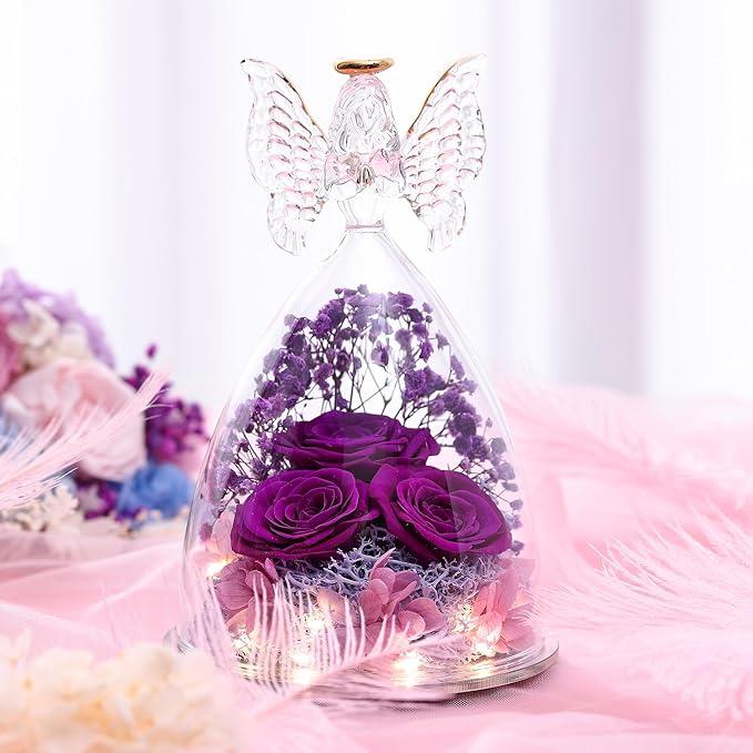 Mothers Day Rose Gifts for Women Preserved Real Flower in Glass Angel Figurines Roses for Delivery Prime Birthday Gifts for Mom Grandma Girlfriend Wife Her, Full Purple