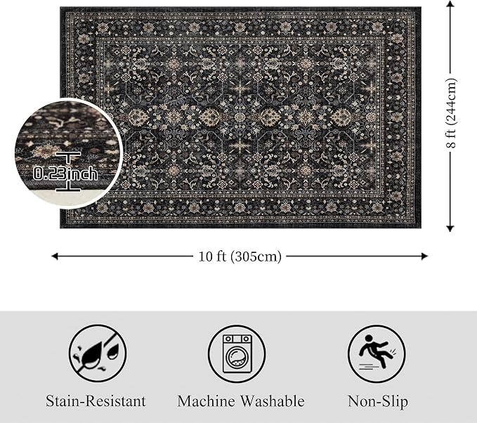 Ruaruarug Washable Area Rug 8x10 for Living Room, Bedroom, Ultra Soft Non Slip Stain & Fade Resistant, Pet & Kids Friendly, Suitable for High Traffic Areas Easy to Clean for Office Kitchen, Black Grey