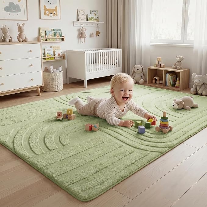 1.3" Extra Thick Fluffy Baby Play Mat for Floor,6'×9'Large Padded Kids Rug with Ultra Soft 3D Carved Faux Rabbit Fur,Non-Slip Carpet Nursery Rug Area Rug for Playroom Living Room(Sage Green)