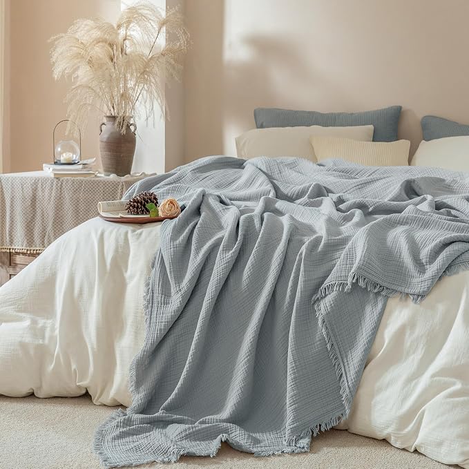 Muslin Fringe Blankets for Adults: 100% Cotton Cloud Soft | 4-Layer Gauze Breathable Lightweight All Season Throw Blanket for Bed Couch Sofa Office