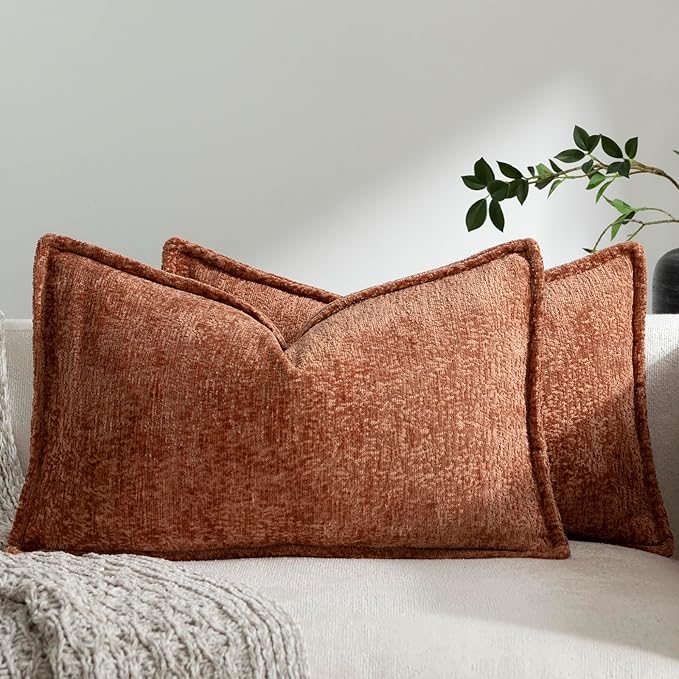 DEZENE Pack of 2 Burnt Orange Fall Decorative Throw Pillow Covers 12x20 Cozy Soft Chenille Accent Vintage Rectangular Lumbar Couch Pillow Covers for Home Decor Bed Sofa Living Room