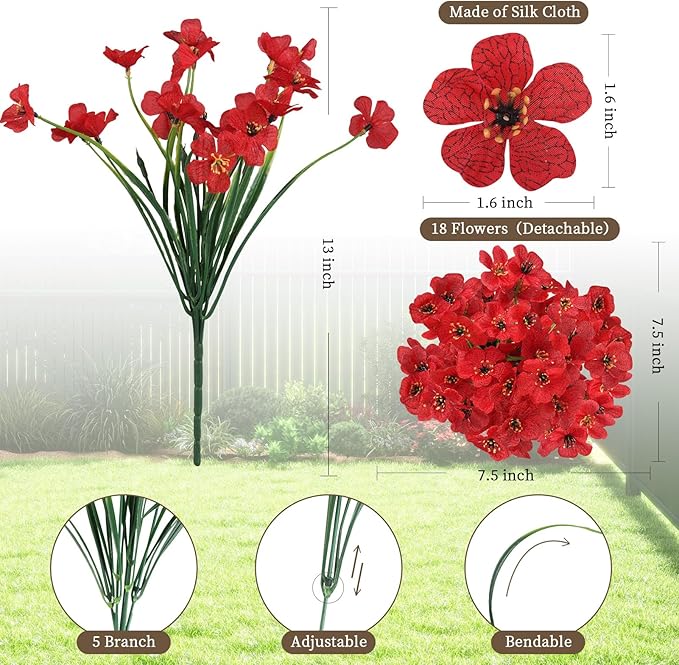 ColoPlay 24 Red Bundles Artificial Flowers for Outdoors/Indoors Fake Flowers Plants for Indoor Outside Garden Porch Window Box Home Wedding Farmhouse