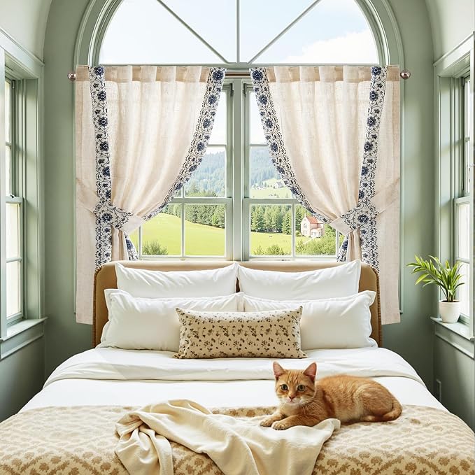 jinchan Small Window Curtains 54 Inch Length Linen Cafe Curtains for Kitchen Bathroom Floral Embroidered Short Drapes Rustic Farmhouse Light Filtering Curtain Set 2 Panels Blue on Beige
