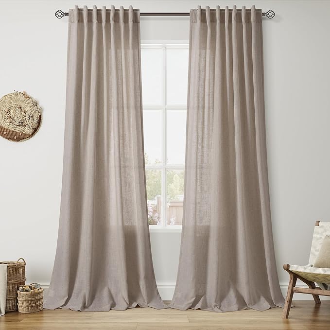 Ecru Linen Curtains 132 Inch Length for Living Room Light Filtering Semi Sheer Curtain Back Tab Rustic Farmhouse Decor Burlap Elegant Drapes Floor to Ceiling High Window for Bedroom 52x132, 2 Panels
