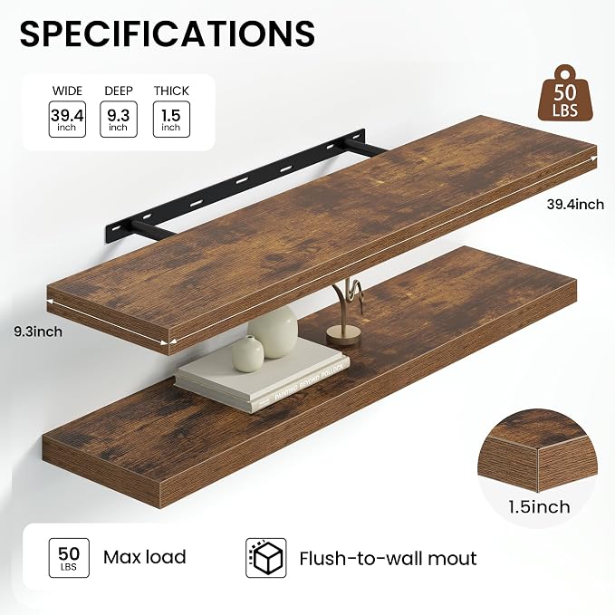 Heimlove 40 Inches Floating Shelves for Wall,9.3" Deep Rustic Brown Long Floating Shelves Set of 2,Large Display Shelf & Storage Shelf,Wall Shelf for Bathroom Bedroom Living Room Kitchen Office