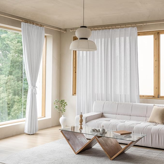 MAIHER 90 Inches Long White Pinch Pleated Curtains for Silding Patio Door Semi Sheer Pleated Curtains Faux Linen with Hooks Pleated Drapes Light Filtering (1 Panel, 54" W x 90" L)