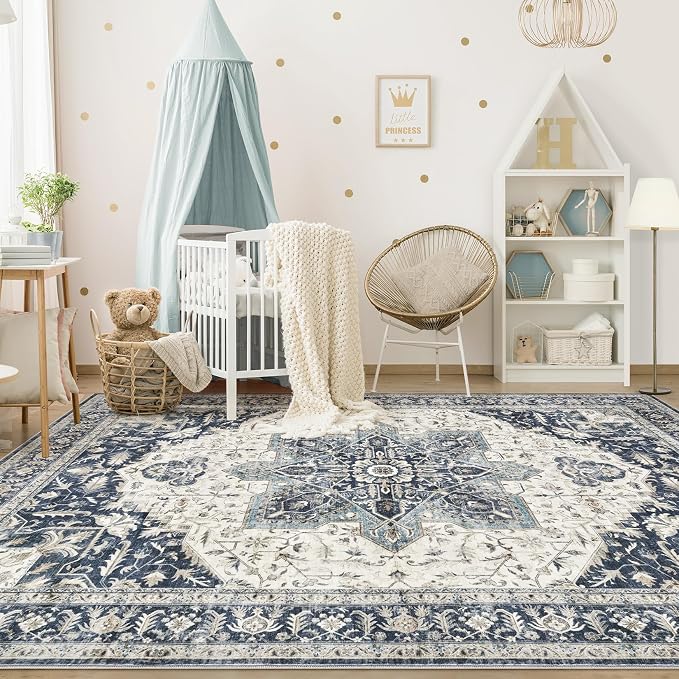 Tortania Area Rug Living Room Rugs - 10x14 Washable Boho Rug Vintage Oriental Distressed Farmhouse Large Thin Indoor Carpet for Living Room Bedroom Under Dining Table Home Office - Indigo