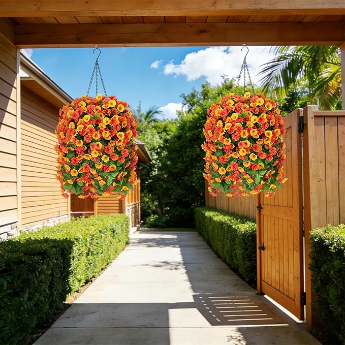 INXUGAO Artificial Flowers with Hanging Basket, Outdoor Faux Plants Silk Morning Glory Vines, Fake Green Arrangement for Garden Patio Spring Summer Decor(4pcs,Orange)