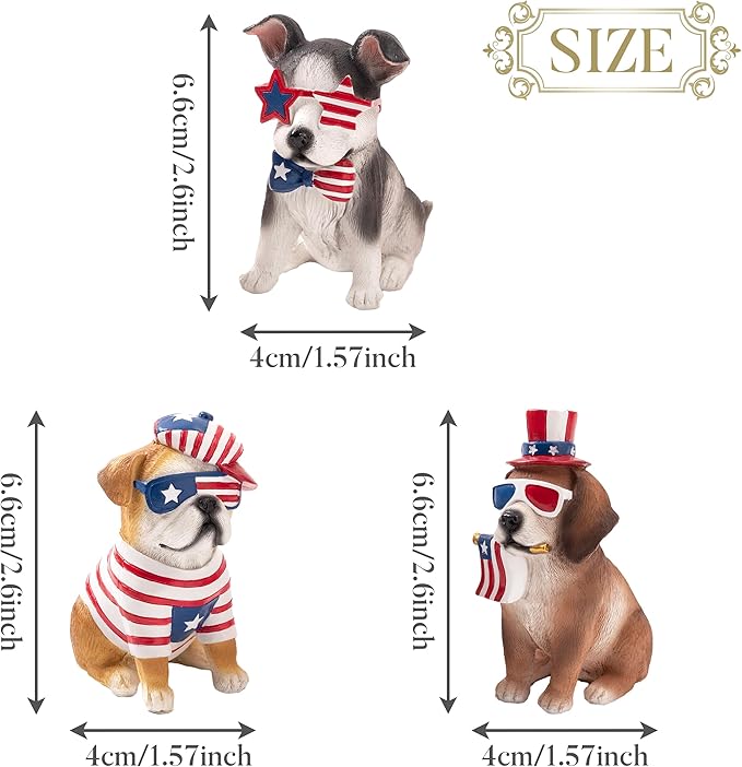 Valery Madelyn 4th of July Puppy Decorations, Memorial Day Decor for Home, Medium 3Pcs Patriotic USA 250th Anniversary Decorations, Stars and Stripes Dogs Figurine for Independence Day Labor Day