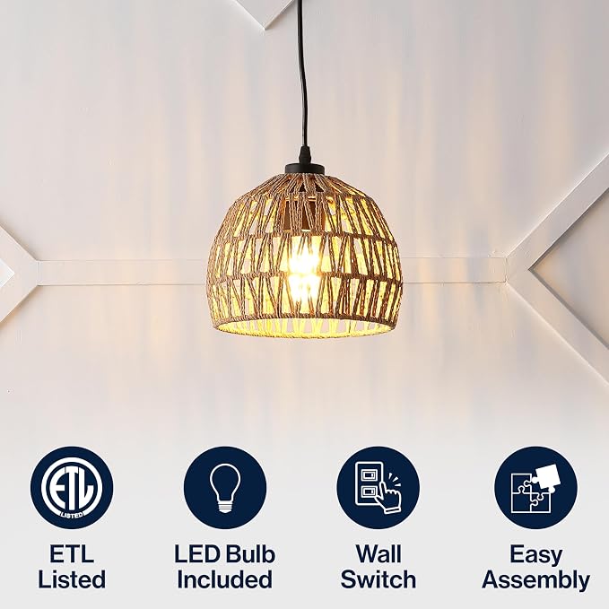 JONATHAN Y 8.25" Brown Modern Bohemian Woven Rope LED Pendant Light Fixture, Adjustable Dome Ceiling Lamp for Kitchen Island, Rope Shade, Coastal Farmhouse Decor (JYL6512E)