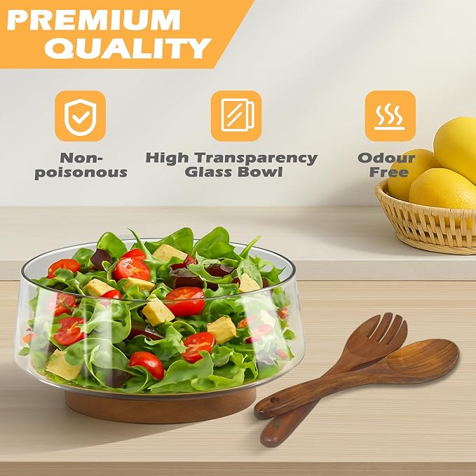 PROLEE Extra Large Glass Salad Bowl Set, Clear Salad Bowl with Solid Wood Base Servers, Elegance Salad Serving Bowls for Kitchen Utensils and Party