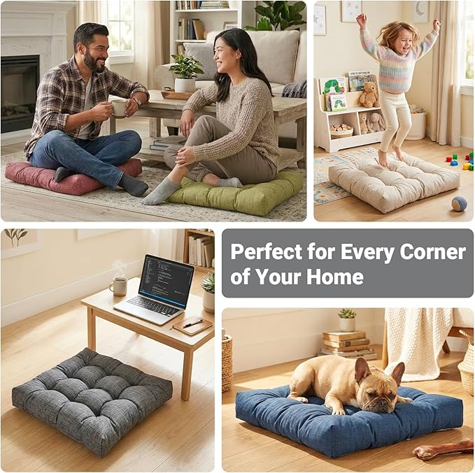 Large Square Floor Cushions Set of 2, 22 x 22 Inch with Non-Slip Bottom, Memory Foam Floor Pillow for Sitting, Meditation & Yoga, Soft Supportive Floor Seating Cushion for Adults & Kids (2, Oatmeal)