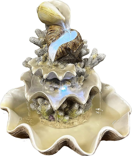 10.5" H Coral Reef Shell Fountain Indoor Fountain with LED Lights and Adjustable Motor Pump (Power Cord Attached) (Resin)