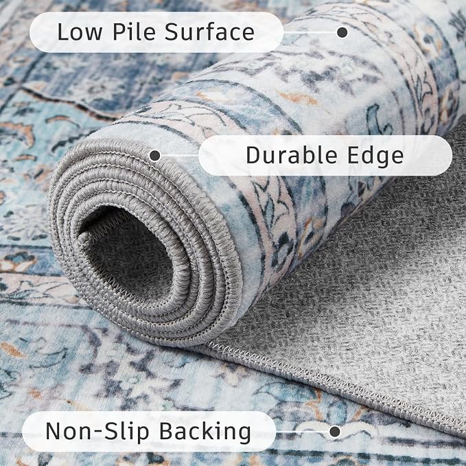 DCX Blue 8x10 Rug, Machine Washable Stain Resistant Kid & Pet Friendly with Rubber Back Non Slip Vintage Rug for Living Room, Bedroom, Home Office, Soft Low Pile Large Carpet