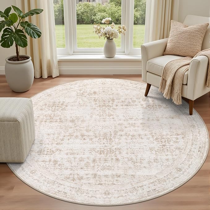 Round Area Rug for Living Room: 8 ft Washable Vintage Boho Soft Thin Circle Rug Indoor Floor No Slip Stain Resistant Carpet for Bedroom Dining Room Farmhouse Nursery Home Office -Beige Brown