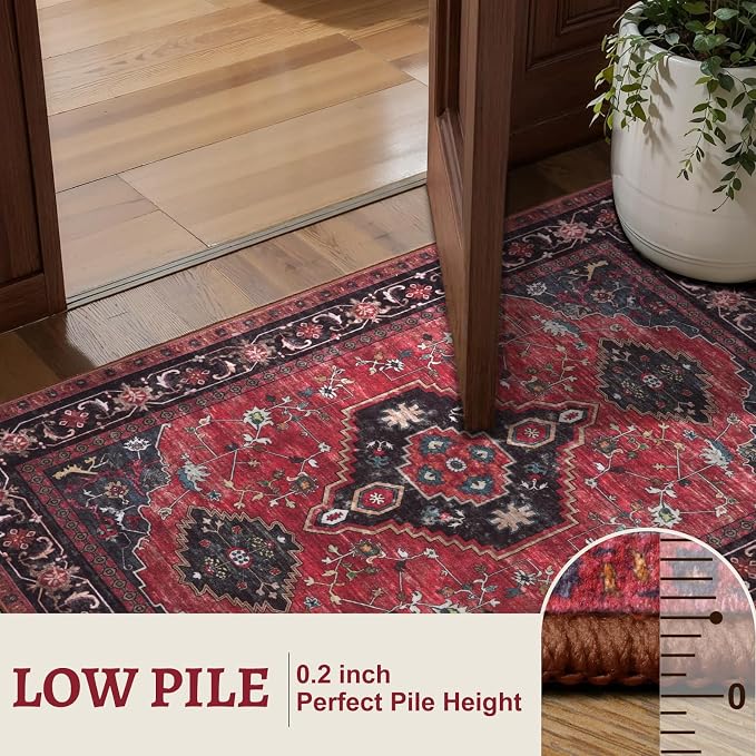 Tangsoo Red 3x5 Area Rugs, Oriental Washable Rug Non Slip Indoor Accent Rug, Vintage Print Carpet, Soft Low Pile Throw Rugs for Living Room Dining Bedroom Bedside Entryway Red/Black