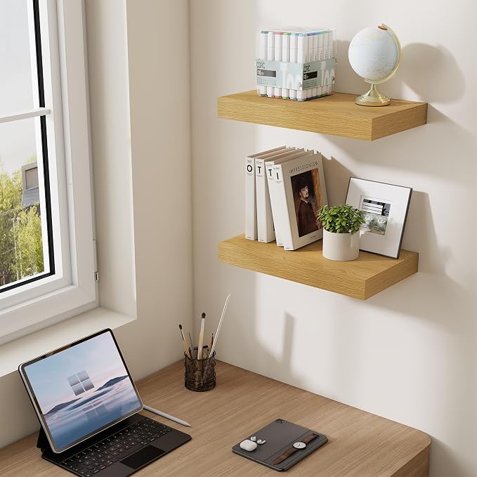 Dreamland 16" Floating Shelves 6.7" Deep Wall Mounted Set of 2 Oak | Wall shelves for bathroom, bedroom, Living Room, kitchen, deep wall mount wood storage display for home decor 16" x 6.7"