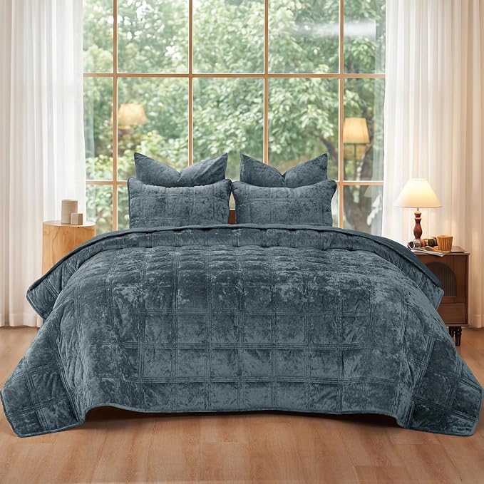 PHF Ultra Soft Velvet Quilt Set King Size – 3PCS Luxurious Cozy Quilted Comforter Alternative with Diamond Pattern, Warm Quilted Bedspread Coverlet, 108" x 92", Stormy Blue