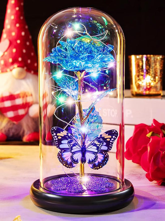 Mothers Day Mom Gifts for Mom Birthday Gift for Women Galaxy Glass Rose in Glass Dome Forever Eternal Crystal Flower with Butterfly Mother's Day Flowers Gifts for Wife Daughter Grandma Sister Blue