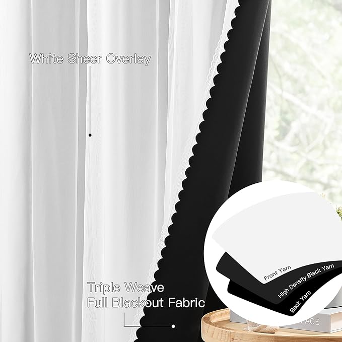 XiDi White Full Blackout Curtains 96 Inches Long Mix and Match Double Layer Curtains with Sheer Overlay Thermal Insulated Window Treatment for Living Room White Drapes with Tiebacks Grommet 34W x 96L