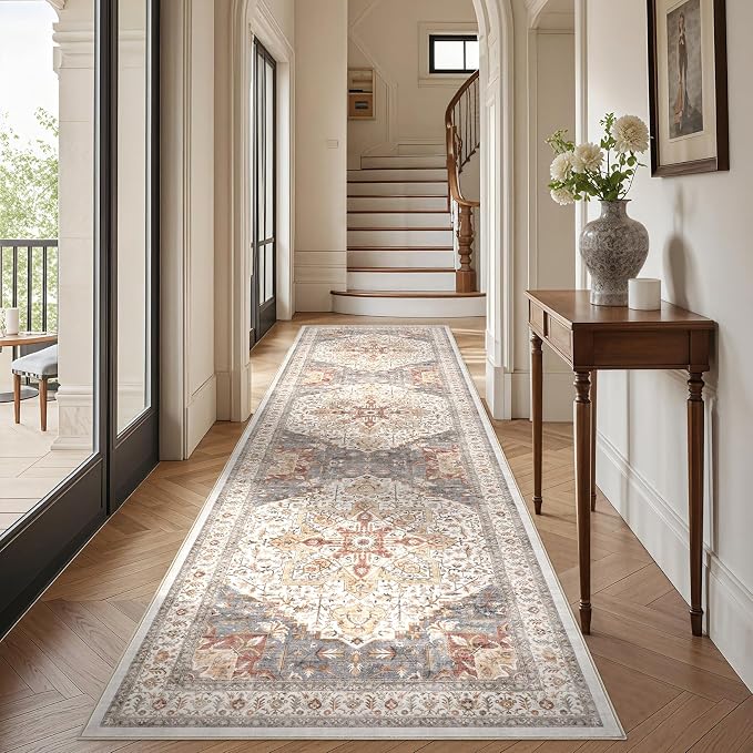 Tortania Area Rug 3x10 Runner Rugs - Washable Vintage Oriental Farmhouse Thin Indoor Carpet for Living Room Bedroom Hallway Entryway Kitchen Under Dining Table Home Office - Orange Multi