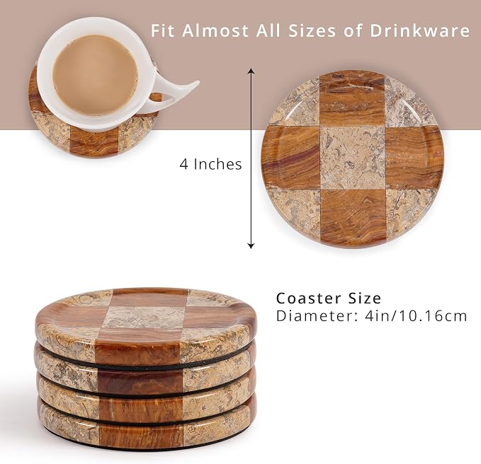 Marble Coasters Set of 4, Coral & Red Handmade 4 inch Round Natural Marble Coaster, Elegant Drink Checkered Coaster Plates for Coffee Table, Stylish Bar Accessories & Home Décor
