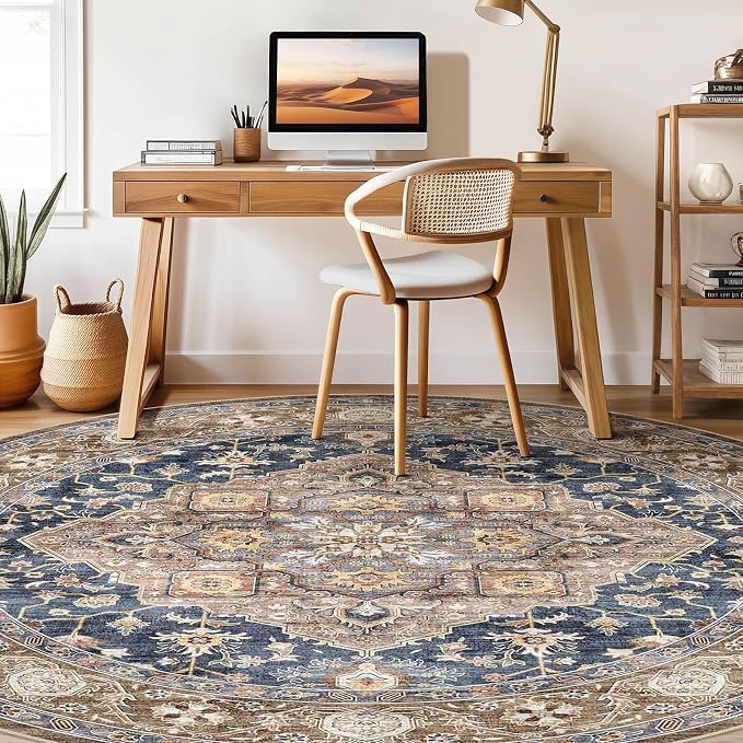 Round Rug Living Room Rugs: 7x7 Washable Boho Neutral Large Circle Soft Indoor Floral Stain Resistant Floor Farmhouse Carpet for Bedroom Nursery Kids Playroom Office Dining Room Dorm- Yellow Blue