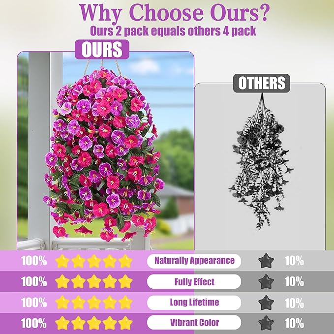 Artificial Fake Hanging Flowers Plants for Outdoor Outside Spring Summer Decoration 4PCS Faux Silk UV Resistant Realistic Morning Glory Trailing Vines for Home Porch Patio Balcony(Rose red & Magenta)