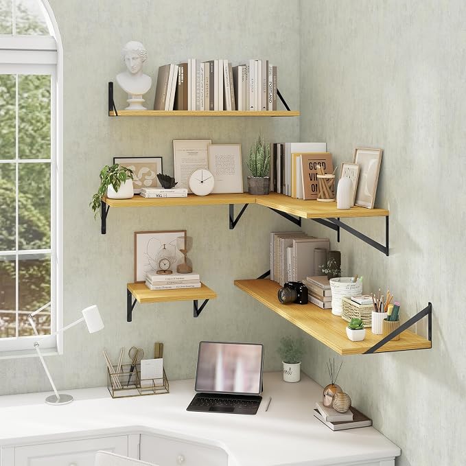 Acovy Deep Floating Shelves Wall Mounted, 16"x12" Oak Wall Shelves with Brackets Set of 2 for Bedroom, Living Room, Bathroom, Kitchen, Office - Storage & Display Shelf for Decor, Books, Plants